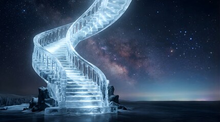 Glowing ice staircase rising into a starry night sky for winter holidays