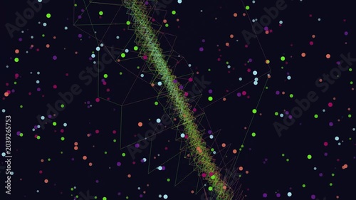 Vibrant green streak through colorful starry night sky with dots of light