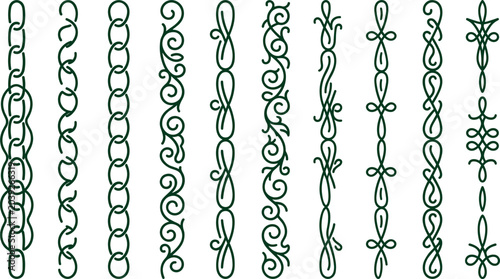 Foto Elegant Green Vertical Border and Divider Line Set with Chain, Swirls, Knots, an