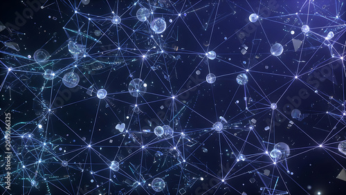 Abstract Digital Network Connection With Glowing Blue Particles And Geometric Lines On Dark Background