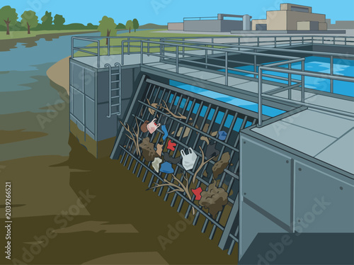 Foto A detailed illustration depicts a water treatment plant's intake filtration system, showcasing debris and sediment collected