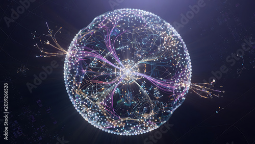 Abstract Glowing Digital Sphere With Intricate Data Connections And Particles In Deep Dark Space