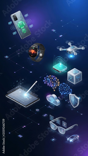 Futuristic Digital Gadgets Collection Including Smartwatch Drone Tablet Brain And Data Cloud Concept
