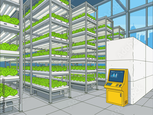Photos A vibrant, modern vertical farm showcases leafy greens under LED lights