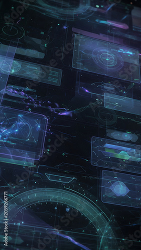 Futuristic Sci Fi Interface With Glowing Blue Data Streams And Holographic Digital Screens In Darkness