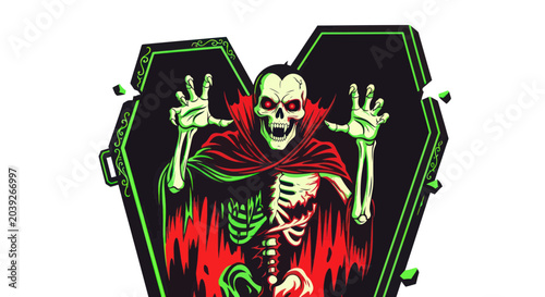 Bild auf Leinwand Skeleton in red cape standing.