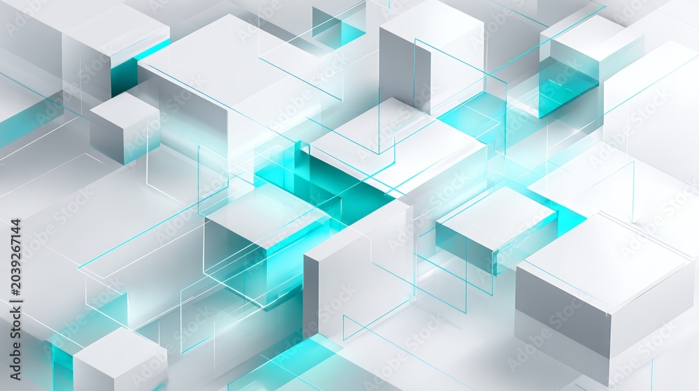 Obraz premium Abstract technological 3d render featuring overlapping white geometric blocks and transparent glowing cyan glass architectural elements.