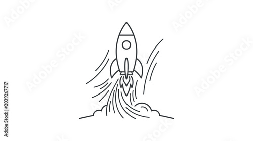 A rocket ship blasts off into space with flames and smoke.