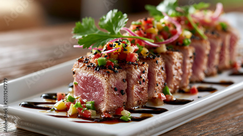 Japanese Style Seared Tuna Portions Arranged in Row with Vegetable Topping and Cilantro