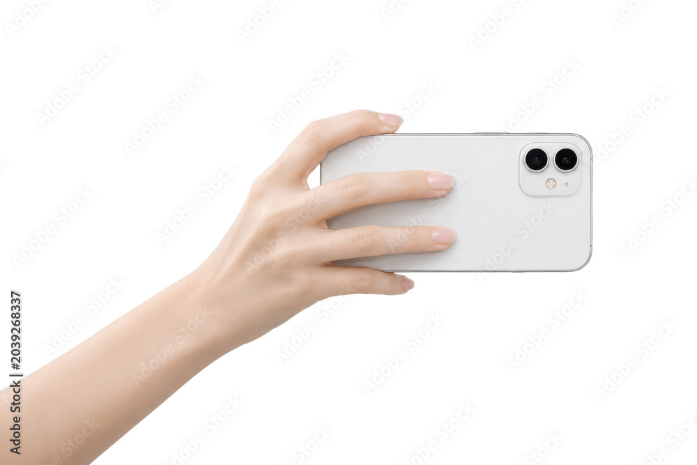 Fototapeta premium Hand Holding White Smartphone Against Black
