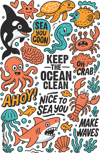 Cute sea animals doodle with ocean conservation quotes vector illustration EPS