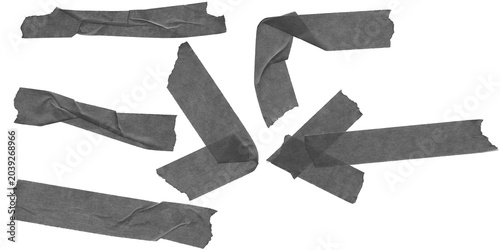Tableau sur toile Black masking tape strips collection, wrinkled adhesive tape pieces on white bac