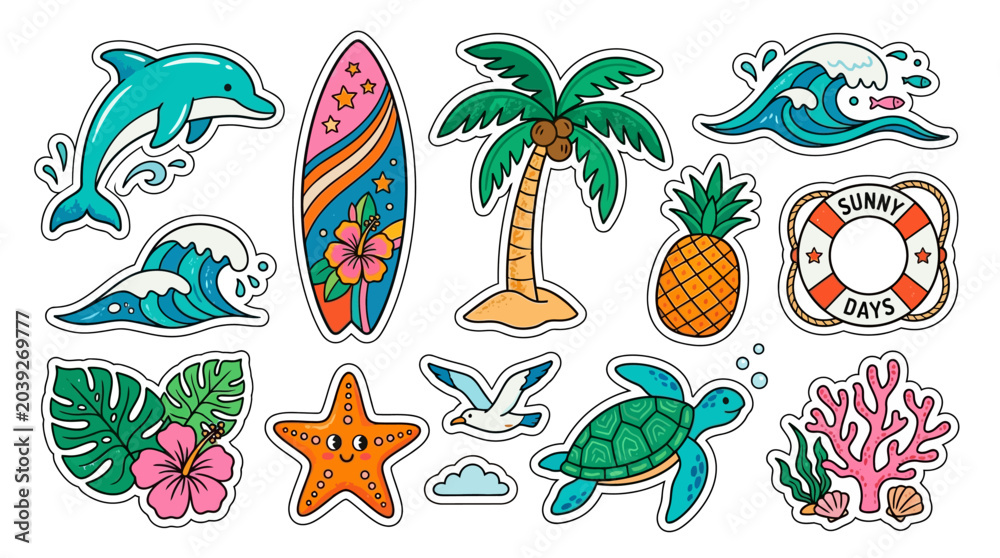 Obraz premium Tropical Beach Summer Vacation Sticker Pack with Ocean and Island Icons