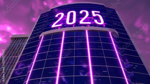 Futuristic Modern Building with Bright Neon Purple Lights and 2025 Sign in Night Sky