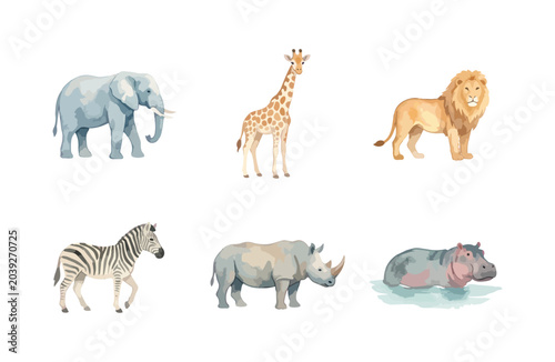 Canvas Print Watercolor zoo safari animal icons set, cute minimalist wild animals collection