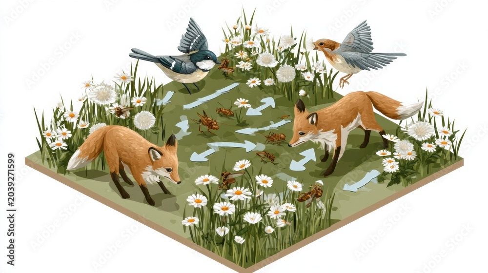 Fototapeta premium Ecosystem displays grass, insects, birds, and foxes connected by feeding arrows in a meadow setting to illustrate ecological relationships.