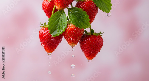 Fresh Ripe Strawberries With Water Droplets Hanging on Green Leaves Against Soft Pink Background