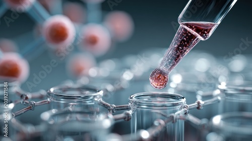 scientific laboratory experiment with test tubes and molecular structures in a high-tech environment