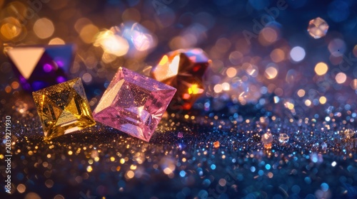 Colorful Glittering Cubic Beads on Sparkling Glitter Surface with Bokeh Effect