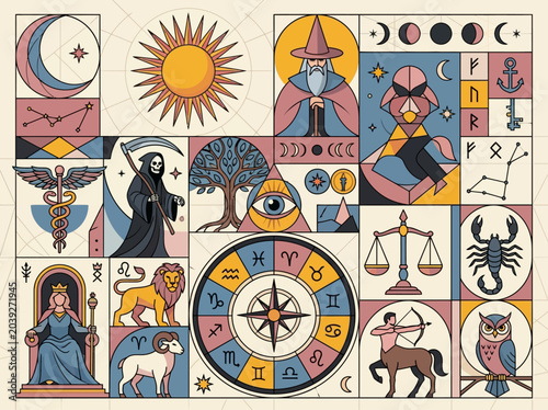 Photos Collection of Esoteric Mystical Symbols and Zodiac Signs in Geometric Flat Illus