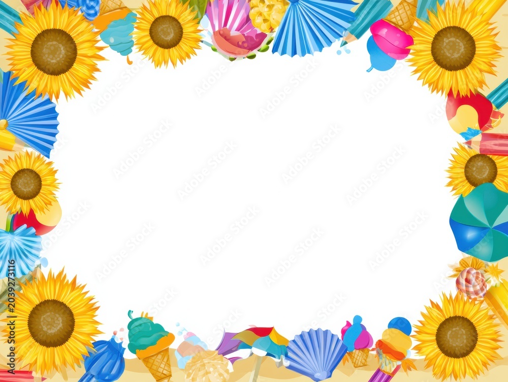 Fototapeta premium Colorful border design for summertime with sunflowers, ice cream, and beach items creating a fun frame for year-end school activities.