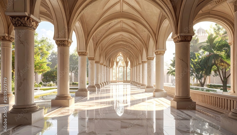 Fototapeta premium Classical arched colonnade with elegant marble floors and columns.