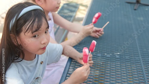 Two Young Asian Girls Eating Butterfly Shaped Popsicles in Outdoor Park