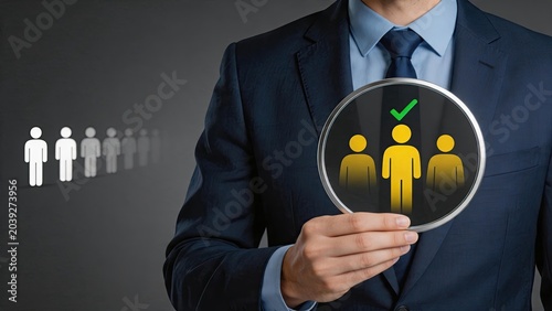 Businessman holding magnifying glass selecting best candidate from line of people, recruitment concept, hiring process, human resources management, choosing employee for job