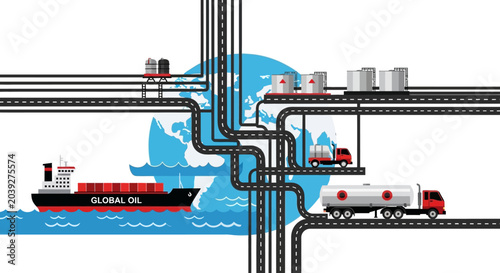 Global oil transportation network with ship truck and pipeline volk 28 eps