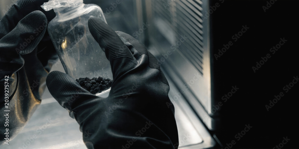 Fototapeta premium Gloved hands holding vial of dark sample medical technology lab research careful handling