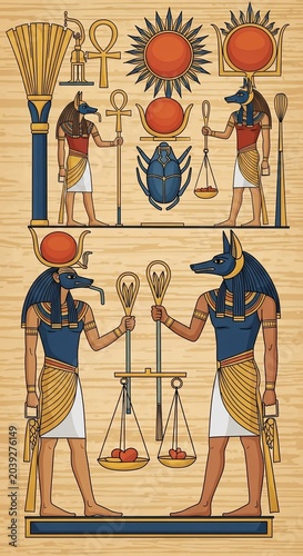 Ancient Egyptian Gods' Judgement: Anubis & Thoth Weigh Souls on Papyrus Canvas