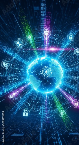 Digital Shield: Radiant Globe Secured by Neon Data Streams & Lock Icons