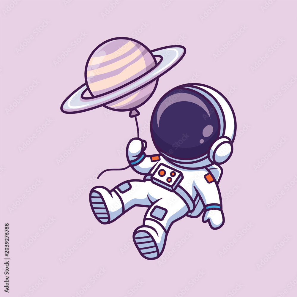 Obraz premium Cute Cartoon Astronaut Holding Saturn Balloon Vector Illustration