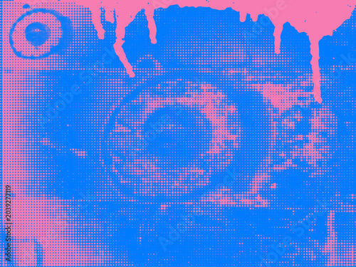 Pink Graffiti Punk Style Grunge Banner with Distress Halftone Texture, Ink Drips, Spray Paint Splashes and Hand Drawn Brush Strokes on Blue Background 