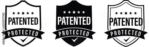 Foto Patent and intellectual property icons collection, Logos, badges, icons, stickers, labels, emblems, stamps, symbols, black, flat vector, technology, intellectual property, patents filed