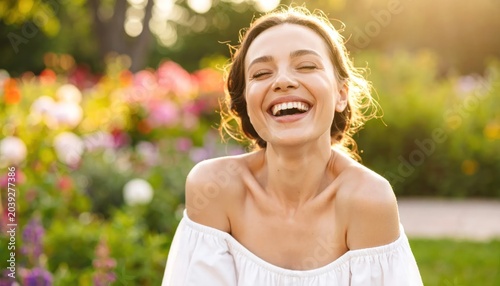 Happy woman laughing in garden outside.