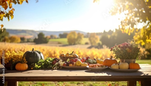 Harvest table with pumpkins and fruits.
