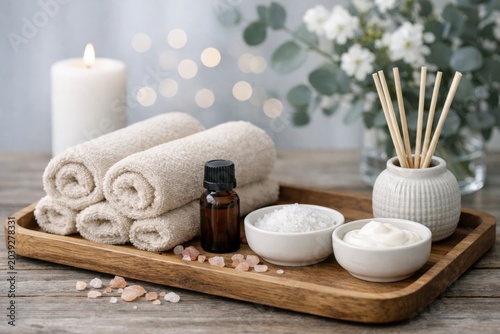 Calming spa arrangement with towels oils salts and candle on tray. Ai generative