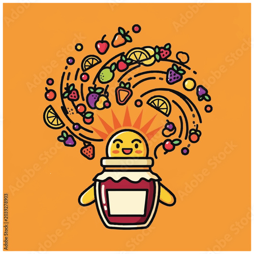 Canvastavla Happy cartoon jam jar with fruit.