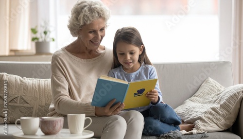 A warm moment between grandmother and granddaughter who were sitting together on the sofa reading a blue and yellow story book. The white-haired grandmother smiled gently at himk