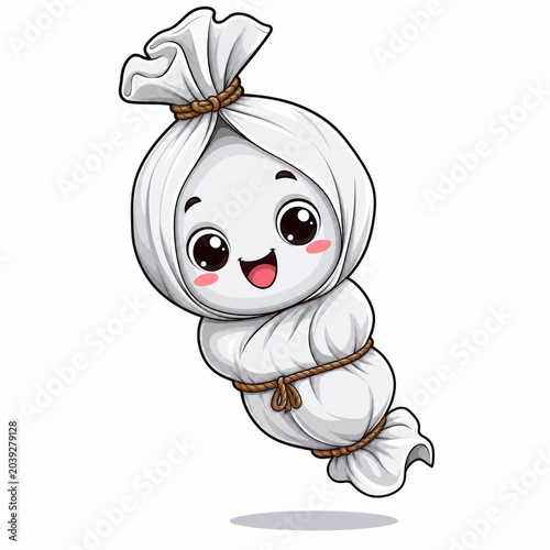 Cute cartoon character illustration of a happy white ghost wrapped in cloth, tied with rope, a friendly mystical spirit design