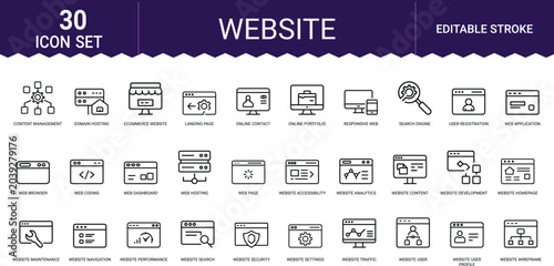 Website development line art icons set, web hosting, ecommerce website, website security, landing page, search engine, website analytics, web coding, domain hosting, responsive web, Web icon, App icon