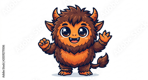 Adorable fluffy monster with horns waving hello, cute cartoon character illustration