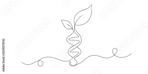 Foto Continuous line of DNA helix transforming into leaf shape