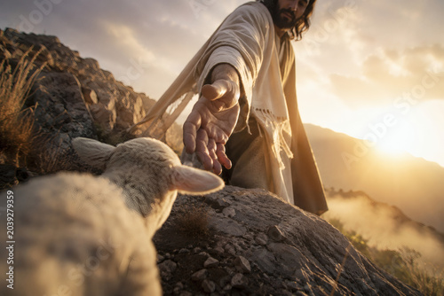 Jesus Reaching Out to a Lamb on a Rocky Hillside