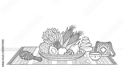 Fotografi Hand-drawn illustration of a bountiful harvest fruit and vegetable basket on a patterned rug