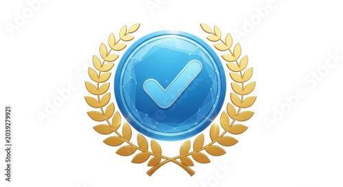 Blue check mark badge with gold laurel wreath award icon isolated on transparent background