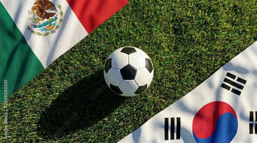 Naklejka premium Soccer ball centered between mexico and south korea national flags on green grass field representing international sports competition and tournament rivalry