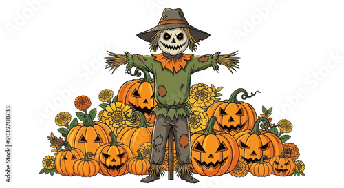 Photos Scarecrow standing with carved jack o lanterns.
