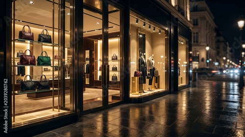 Luxury fashion store window display with designer handbags at night